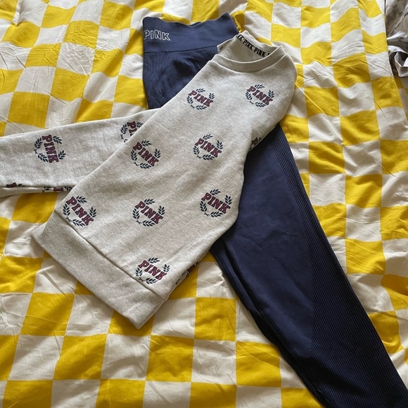 PINK Victoria's Secret Pants - VS PINK COLLEGIATE PRINT CREW NECK SWEATSHIRT & VS PINK SEAMLESS LEGGINGS SET